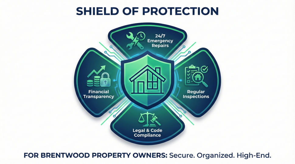 Infographic of an online owner portal for Brentwood property management showing income tracking, tax-ready financial reporting, and secure document access.